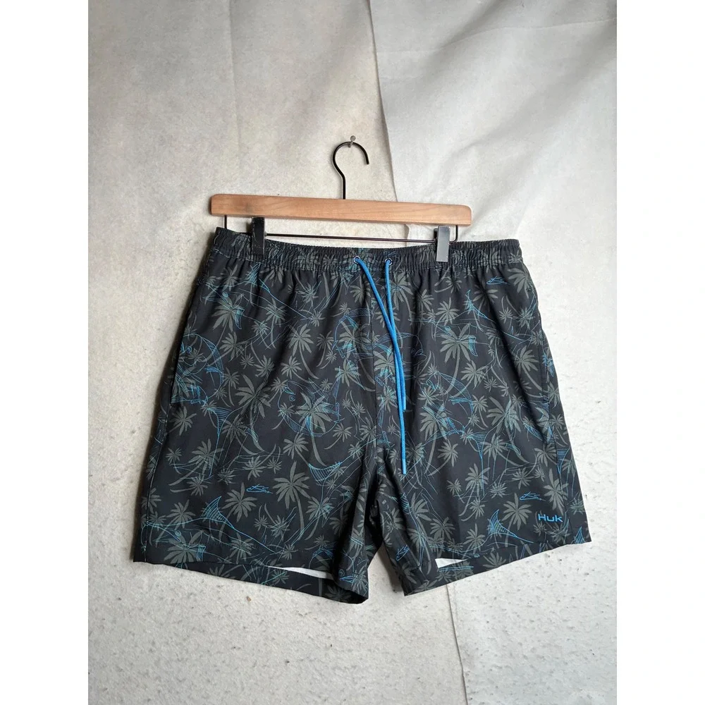 Huk Performance Fishing Shorts Mens Large Black Teal Tropical Palm Fish Print